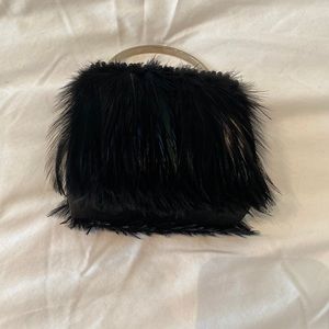 Evening bag with crystals and feathers in black silk with silver trim